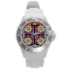 Stained Glass Window Colorful Color Round Plastic Sport Watch (l) by Pakrebo