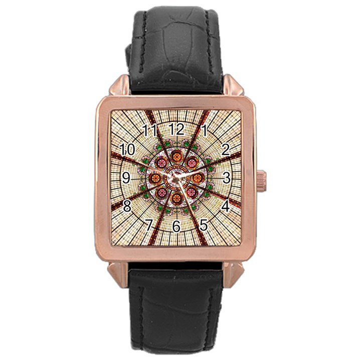 Pattern Round Abstract Geometric Rose Gold Leather Watch 