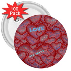 Love Hearts Valentine Red Symbol 3  Buttons (100 Pack)  by Pakrebo