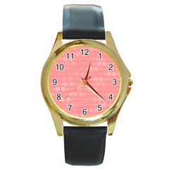 Background Polka Dots Pink Round Gold Metal Watch