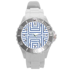 Geometric Shapes Stripes Blue Round Plastic Sport Watch (l) by Mariart