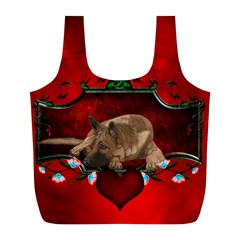 Wonderful German Shepherd With Heart And Flowers Full Print Recycle Bag (l) by FantasyWorld7