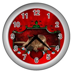 Wonderful German Shepherd With Heart And Flowers Wall Clock (silver) by FantasyWorld7