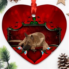 Wonderful German Shepherd With Heart And Flowers Heart Ornament (two Sides) by FantasyWorld7