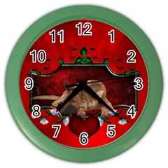 Wonderful German Shepherd With Heart And Flowers Color Wall Clock by FantasyWorld7