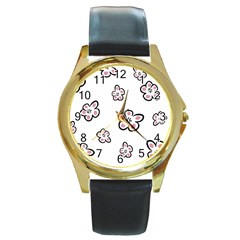 Plum Seamless Flower Round Gold Metal Watch by Mariart