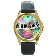 Piano Keys Music Colorful Round Gold Metal Watch by Mariart