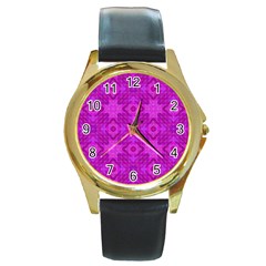 Magenta Mosaic Pattern Triangle Round Gold Metal Watch by Pakrebo