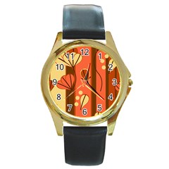 Amber Yellow Stripes Leaves Floral Round Gold Metal Watch by Pakrebo