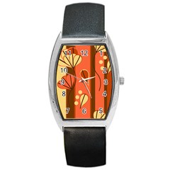 Amber Yellow Stripes Leaves Floral Barrel Style Metal Watch by Pakrebo