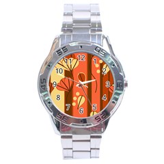 Amber Yellow Stripes Leaves Floral Stainless Steel Analogue Watch by Pakrebo