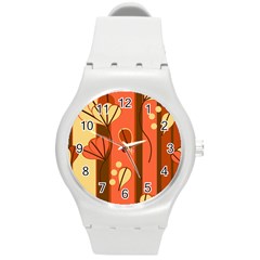 Amber Yellow Stripes Leaves Floral Round Plastic Sport Watch (m) by Pakrebo