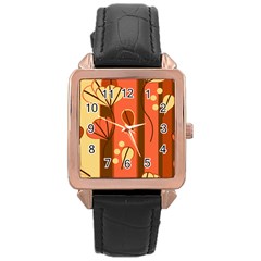 Amber Yellow Stripes Leaves Floral Rose Gold Leather Watch  by Pakrebo