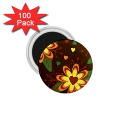 Floral Hearts Brown Green Retro 1 75  Magnets (100 Pack)  by Pakrebo