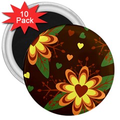 Floral Hearts Brown Green Retro 3  Magnets (10 Pack)  by Pakrebo