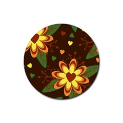 Floral Hearts Brown Green Retro Rubber Round Coaster (4 Pack)  by Pakrebo