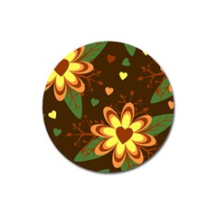 Floral Hearts Brown Green Retro Magnet 3  (round) by Pakrebo