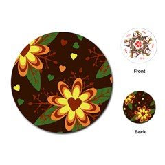 Floral Hearts Brown Green Retro Playing Cards (round) by Pakrebo