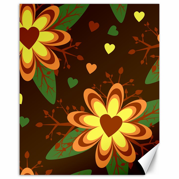 Floral Hearts Brown Green Retro Canvas 16  x 20 