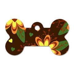 Floral Hearts Brown Green Retro Dog Tag Bone (two Sides)