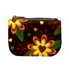 Floral Hearts Brown Green Retro Mini Coin Purse