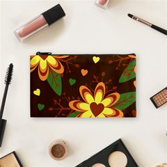 Floral Hearts Brown Green Retro Cosmetic Bag (small) by Pakrebo