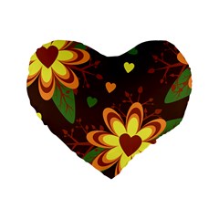 Floral Hearts Brown Green Retro Standard 16  Premium Heart Shape Cushions by Pakrebo