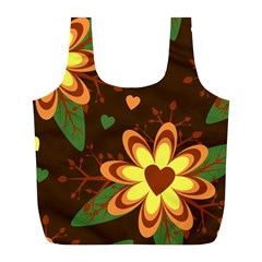 Floral Hearts Brown Green Retro Full Print Recycle Bag (l) by Pakrebo