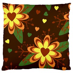 Floral Hearts Brown Green Retro Large Flano Cushion Case (two Sides) by Pakrebo