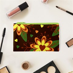 Floral Hearts Brown Green Retro Cosmetic Bag (xs) by Pakrebo