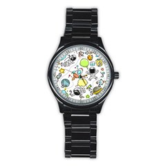 Sketch Cartoon Space Set Stainless Steel Round Watch by Pakrebo