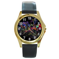 Grunge Paint Splatter Splash Ink Round Gold Metal Watch by Pakrebo