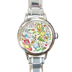 Doodle New Year Party Celebration Round Italian Charm Watch by Pakrebo