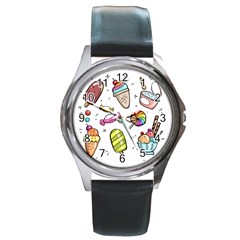 Doodle Cartoon Drawn Cone Food Round Metal Watch by Pakrebo