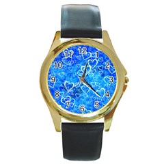 Valentine Heart Love Blue Round Gold Metal Watch by Mariart