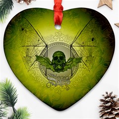 Awesome Creepy Skull With Wings Heart Ornament (two Sides) by FantasyWorld7