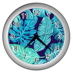 Tropical Greens Leaves Banana Wall Clock (silver) by Mariart