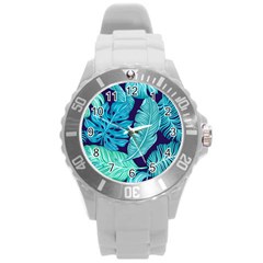 Tropical Greens Leaves Banana Round Plastic Sport Watch (l) by Mariart