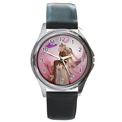 Wonderful Fairy With Feather Hair Round Metal Watch by FantasyWorld7