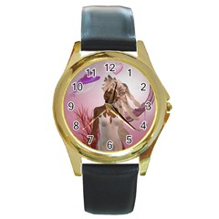 Wonderful Fairy With Feather Hair Round Gold Metal Watch by FantasyWorld7