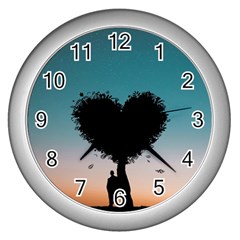 Tree Heart At Sunset Wall Clock (silver) by WensdaiAmbrose