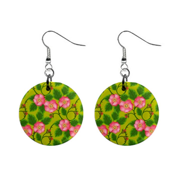 Roses Flowers Pattern Bud Pink Mini Button Earrings