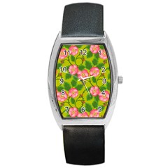 Roses Flowers Pattern Bud Pink Barrel Style Metal Watch by Pakrebo