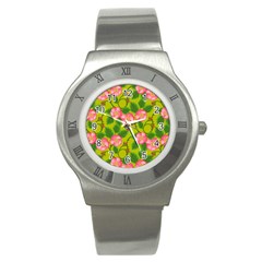 Roses Flowers Pattern Bud Pink Stainless Steel Watch by Pakrebo