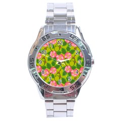 Roses Flowers Pattern Bud Pink Stainless Steel Analogue Watch by Pakrebo