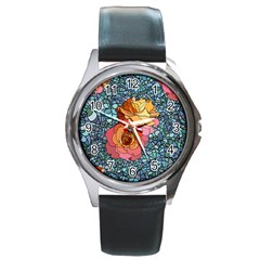 Pattern Rose Yellow Background Round Metal Watch by Pakrebo