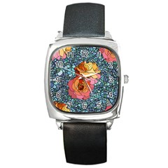 Pattern Rose Yellow Background Square Metal Watch by Pakrebo