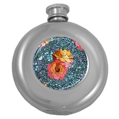 Pattern Rose Yellow Background Round Hip Flask (5 Oz) by Pakrebo