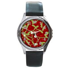 Mistletoe Christmas Texture Advent Round Metal Watch by Pakrebo