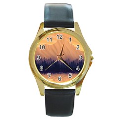 Landscape Nature Mountains Sky Round Gold Metal Watch by Pakrebo